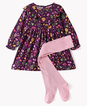 Babyhug Cotton Knit Full Sleeves Floral Printed Frock with Leggings - Wine