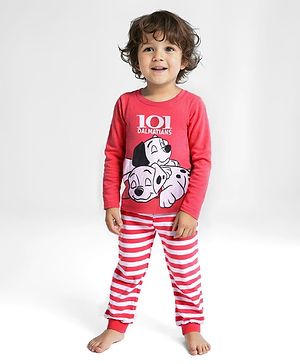 Babyhug Disney Cotton Knit Full Sleeves Night Suit With Stripes & 101 Dalmatians Print - Red