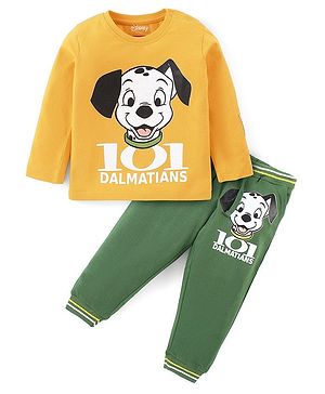 Babyhug Disney Cotton Knit Full Sleeves T-Shirt & Lounge Pants Set With 101 Dalmatians Graphics & Badge Detailing - Mustard & Green