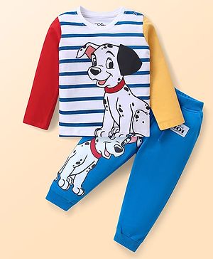 Babyhug Disney Terry Knit Full Sleeves T-Shirt & Lounge Pants Set With 101 Dalmatians Graphics & Badge Detailing - Blue Red & Yellow