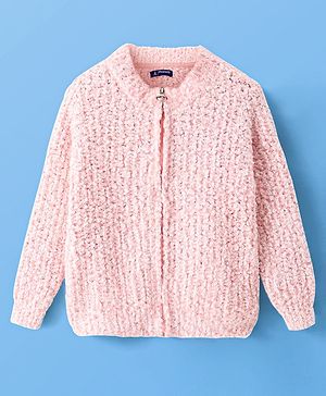 Pine Kids Knitted Full Sleeves Front Open Sweater with Cable Knit Design - Pink