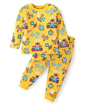 Babyhug Cotton Knit Full Sleeves Night Suit with Car & Bear Print - Yellow