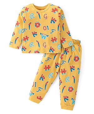 Babyhug Cotton Knit Full Sleeves Night Suit With Alphabets Print - Mustard
