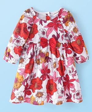 Babyhug Cotton Knit  Full Raglan Sleeves Frock withBow Floral Print - White & Red