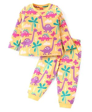 Babyhug Cotton Knit Full Sleeves Night Suit With Dinosaurs Print - Yellow