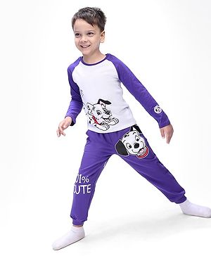 Babyhug Disney Single Jersey Knit Full Raglan Sleeves T-Shirt & Track Pant Set With Front & Back 101 Dalmatians Graphics & Patch - Purple
