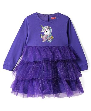 Babyhug Cotton Knit Full Sleeves Layered Frock with Shimmer Detailing & Unicorn Print - Purple