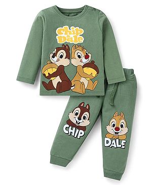 Babyhug Disney Single Jersey Full Sleeves T-Shirt With Lounge Pant Set with Chip N Dale Print - Olive Green