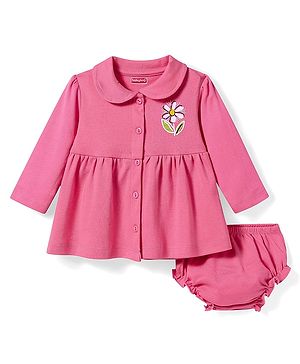 Babyhug Cotton Knit Full Sleeves Floral Printed Frock With Bloomer - Dark Pink