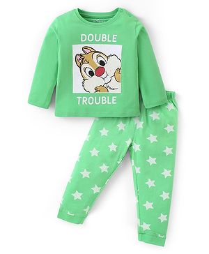 Babyhug Disney Cotton Knit Full Sleeves Night Suit With Chip n Dale Graphics - Light Green