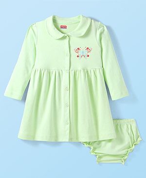 Babyhug Cotton Knit Full Sleeves Peter Pan Collared Frock With Bloomer & Floral Butterfly Print - Light Green