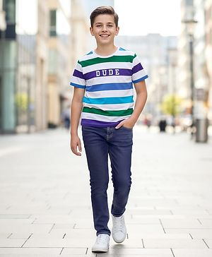 Pine Kids Half Sleeves Striped T-Shirt & Jeans Set - White & Blue