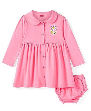 Babyhug Cotton Knit Full Sleeves Floral Printed Frock with Bloomer - Pink