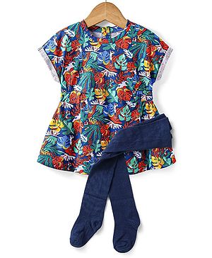 Babyhug Cotton Knit Half Sleeves Frock with Floral Prints - White & Blue