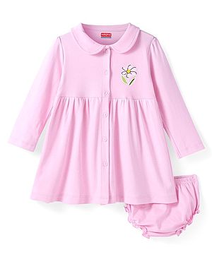 Babyhug Cotton Knit Full Sleeves Peter Pan Collared Frock with  Bloomer & Floral Print - Pink
