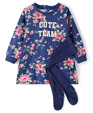 Babyhug Cotton Knit Full Raglan Sleeves Frock With Floral Print & Stockings - Blue