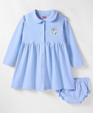 Babyhug Cotton Knit Full Sleeves Floral Printed Frock With Bloomer - Light Blue