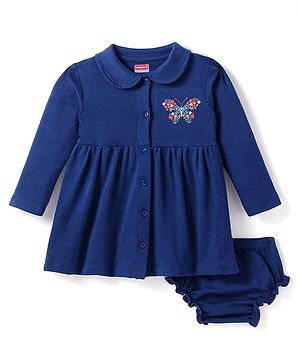 Babyhug Cotton Knit Full Sleeves Peter Pan Collared Frock With Floral Butterfly Print & Bloomer - Navy