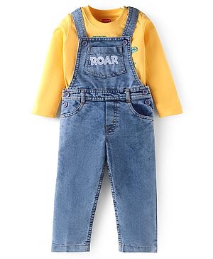 Babyhug Singe Jersey Knit Full Sleeves Dino Printed T-Shirt & Dungaree with Text Patch - Yellow & Blue