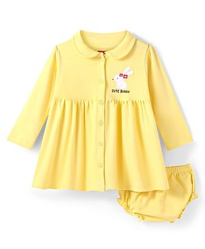Babyhug Cotton Knit Full Sleeves Solid Peter Pan Collared Frock with Bloomer & Bunny Print - Yellow
