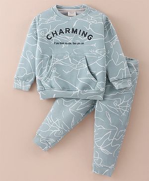 Ollypop Fleece Knit Full Sleeves Winter Wear Co-Ord Set With Kangaroo Pocket & Text Print - Light Grey