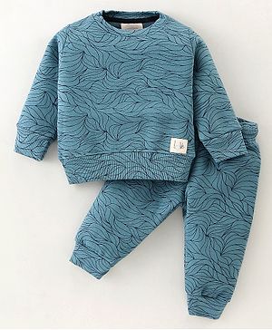 Ollypop Fleece Knit Full Sleeves Winter Wear Suit With Leafy Print - Teal Blue