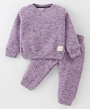 Ollypop Fleece Knit Full Sleeves Winter Wear Suit With Leafy Print - Lilac