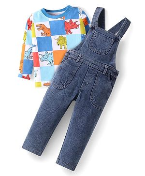 Babyhug Single Jersey Knit Full Sleeves Dino Printed T-Shirt & Dungaree - Light Blue