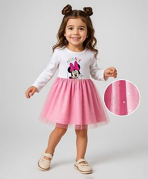 Babyhug Disney Single Jersey Knit Full Sleeves Frock with Minnie Graphics & Foil Mesh Detailing - Pink