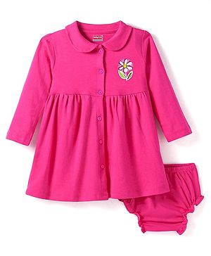 Babyhug Cotton Knit Full Sleeves Peter Pan Collared Frock With Floral Print & Bloomer - Dark Pink