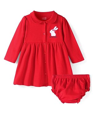 Babyhug Cotton Knit Full Sleeves Peter Pan Collared Front Open Frock & Bloomer with Bunny Print - Red
