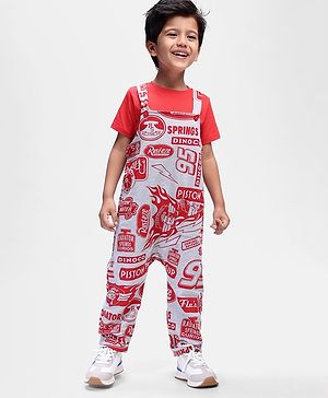 Babyhug Disney Single Jersey Knit Half Sleeves T-Shirt & Dungaree Set With Cars Print - Red & Grey