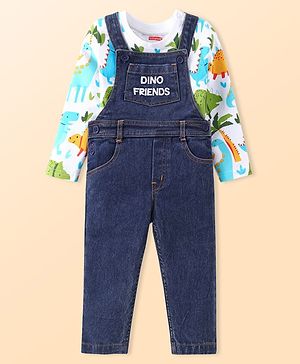 Babyhug Single Jersey Woven Dungaree with Full Sleeves Dino Printed T-Shirt - Navy Blue