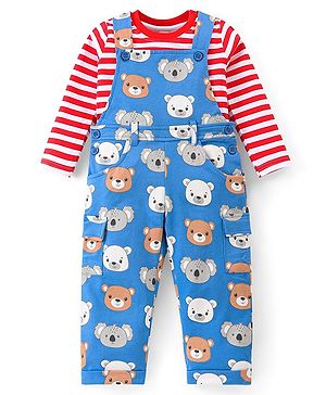 Babyhug Single Jersey Knit Dungaree and Full  Sleeves Striped T-Shirt Set with Bear Print - Red & Blue