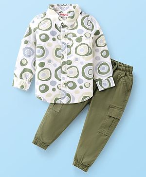 Babyhug Cotton Woven Full Sleeves Printed Shirt & Lounge Pant Set - White & Olive Green