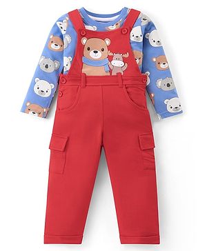 Babyhug Single Jersey Knit Dungaree and Full  Sleeves T-Shirt Set with Bear Print - Red & Blue