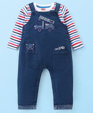 Babyhug Single Jersey Woven Dungaree and Full Sleeves Striped T-Shirt Set with Bear Applique - Blue Red & White