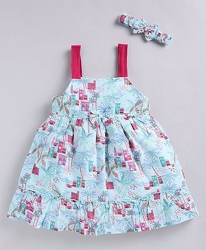 Snuggly MONKEY Sleeveless Buildings & Trees Printed Dress with Coordinating Bow Detailed Headband - Blue