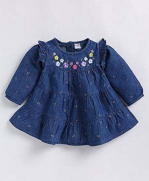 Snuggly MONKEY Poplin Full Sleeves Floral Embroidered Tiered Dress - Navy Blue