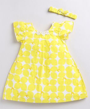 Snuggly MONKEY Poplin Half Sleeves Lemon Printed Dress With Coordinating Headband Set - Yellow