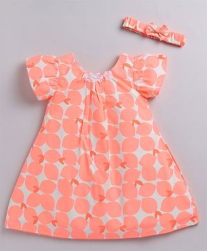 Snuggly MONKEY Poplin Half Sleeves Lemon Printed Dress With Coordinating Headband Set - Orange