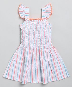 Snuggly MONKEY Cap Sleeves Smock Detailed Striped Dress - White