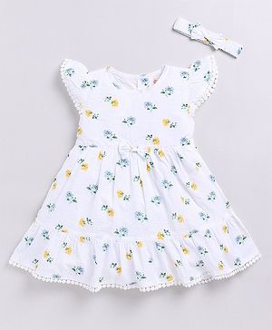 Snuggly MONKEY Cap Sleeves Floral Motif Printed Dress with Coordinating Bow Detailed Headband - White