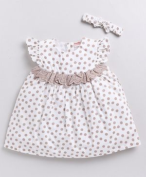 Snuggly MONKEY Cap Sleeves Schiffli Designed & Polka Dots Printed Dress with Coordinating Bow Detailed Headband - White