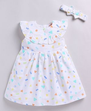 Snuggly MONKEY Sleeveless Geometric Shapes Printed Dress with Coordinating Bow Detailed Headband - White