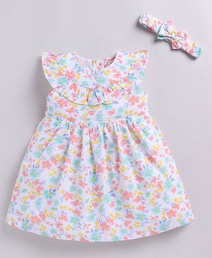 Snuggly MONKEY Cap Sleeves Floral Designed Dress with Coordinating Bow Detailed Headband - Multi Colour