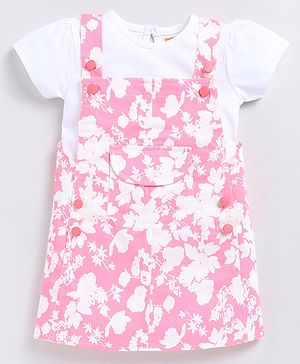 Snuggly MONKEY Poplin Floral Printed Dungaree Dress With Half Sleeves Solid Tee Set - Neon Pink & White