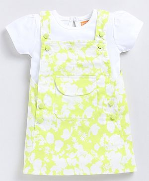 Snuggly MONKEY Poplin Floral Printed Dungaree Dress With Half Sleeves Solid Tee Set - Neon Green & White