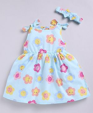 Snuggly MONKEY Cap Sleeves Floral Printed Dress with Coordinating Bow Detailed Headband - Blue