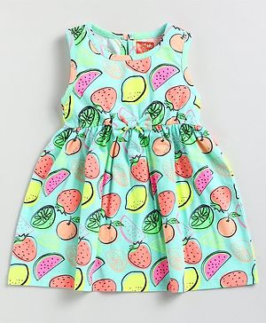 Snuggly MONKEY Sleeveless Bow Detailed & Fruits Printed Flared Dress - Green